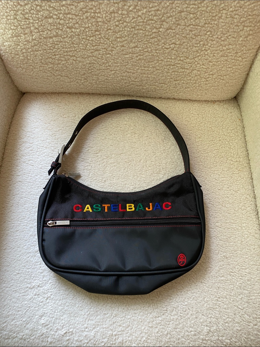 Black Shoulder Bag with Colorful Logo Embroidery